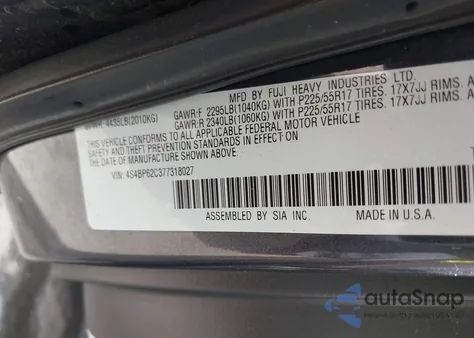 2007 Subaru Outback 2.5I Limited from USA, damaged, VIN 4S4BP62C377318027